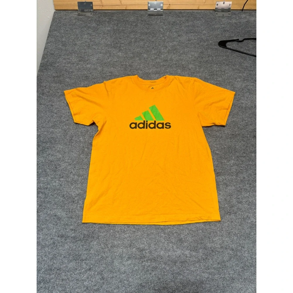 Adidas Mens Large Orange‎ Graphic T-Shirt Green Logo Short Sleeve Cotton Tee